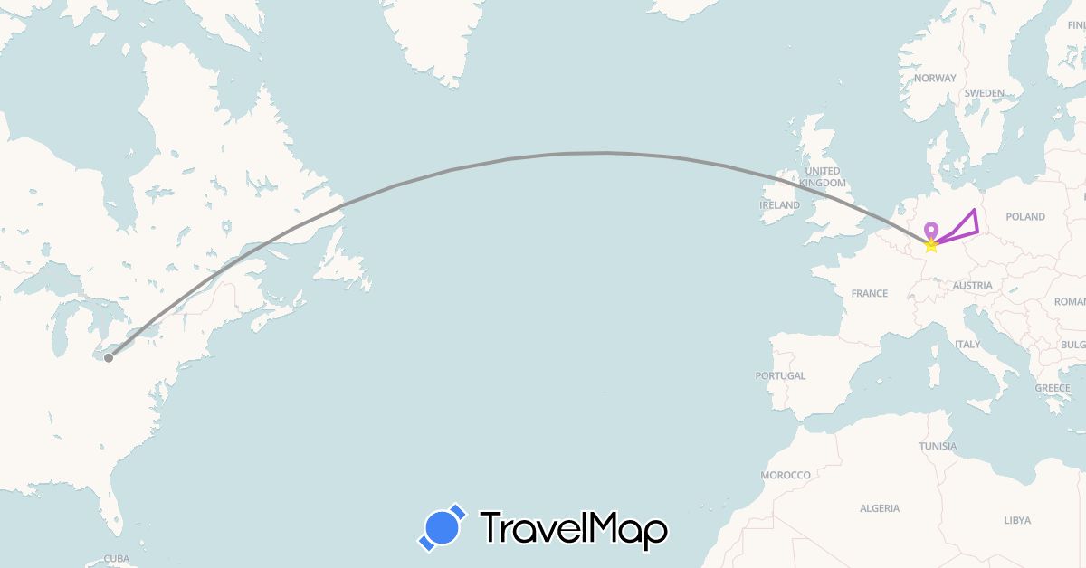 TravelMap itinerary: plane, train in Germany, United States (Europe, North America)